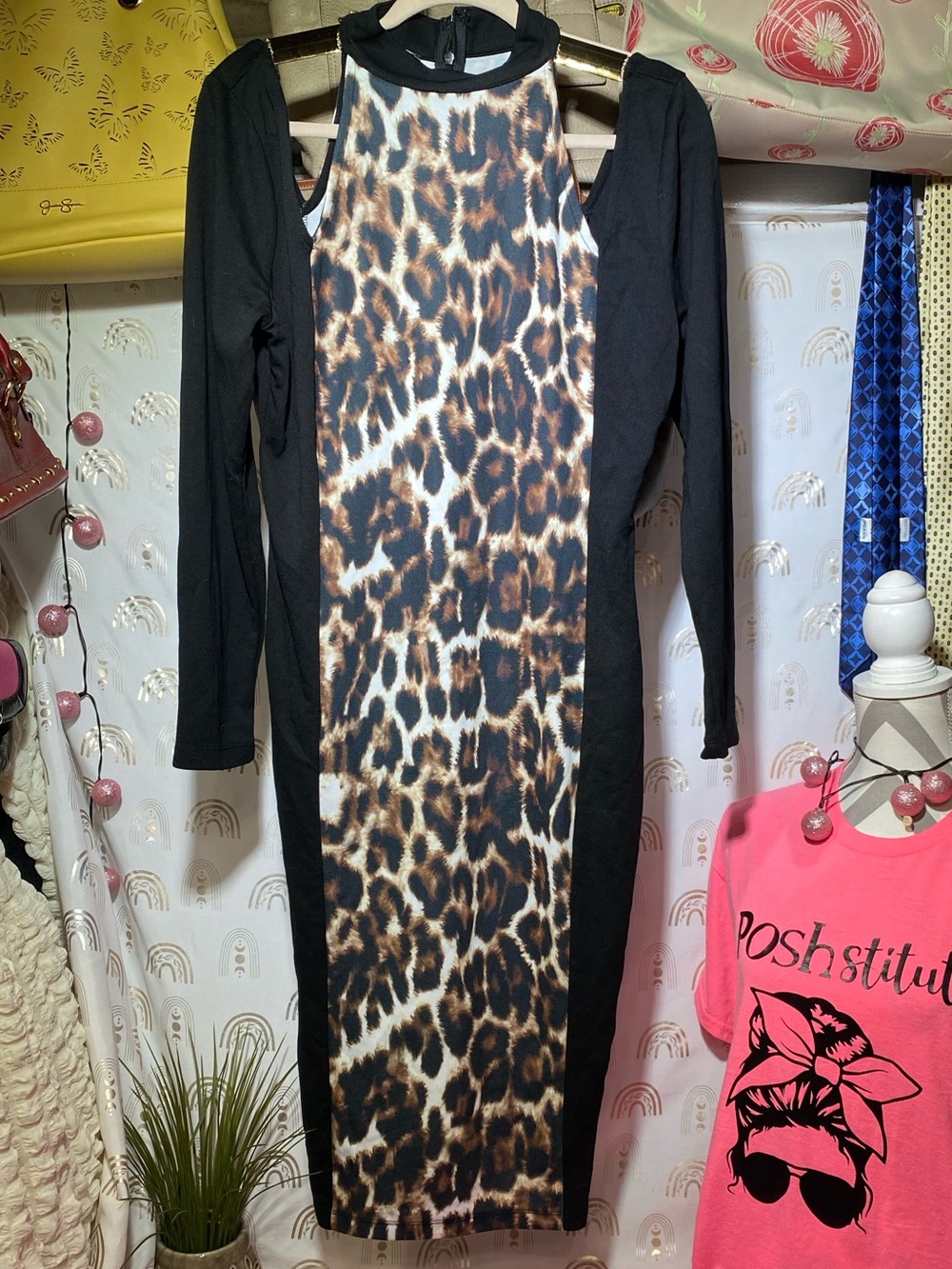 VENUS Black Maxi Dress with Leopard Print Center